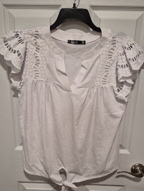 White Eyelet Flutter Sleeve Tie-Front Blouse